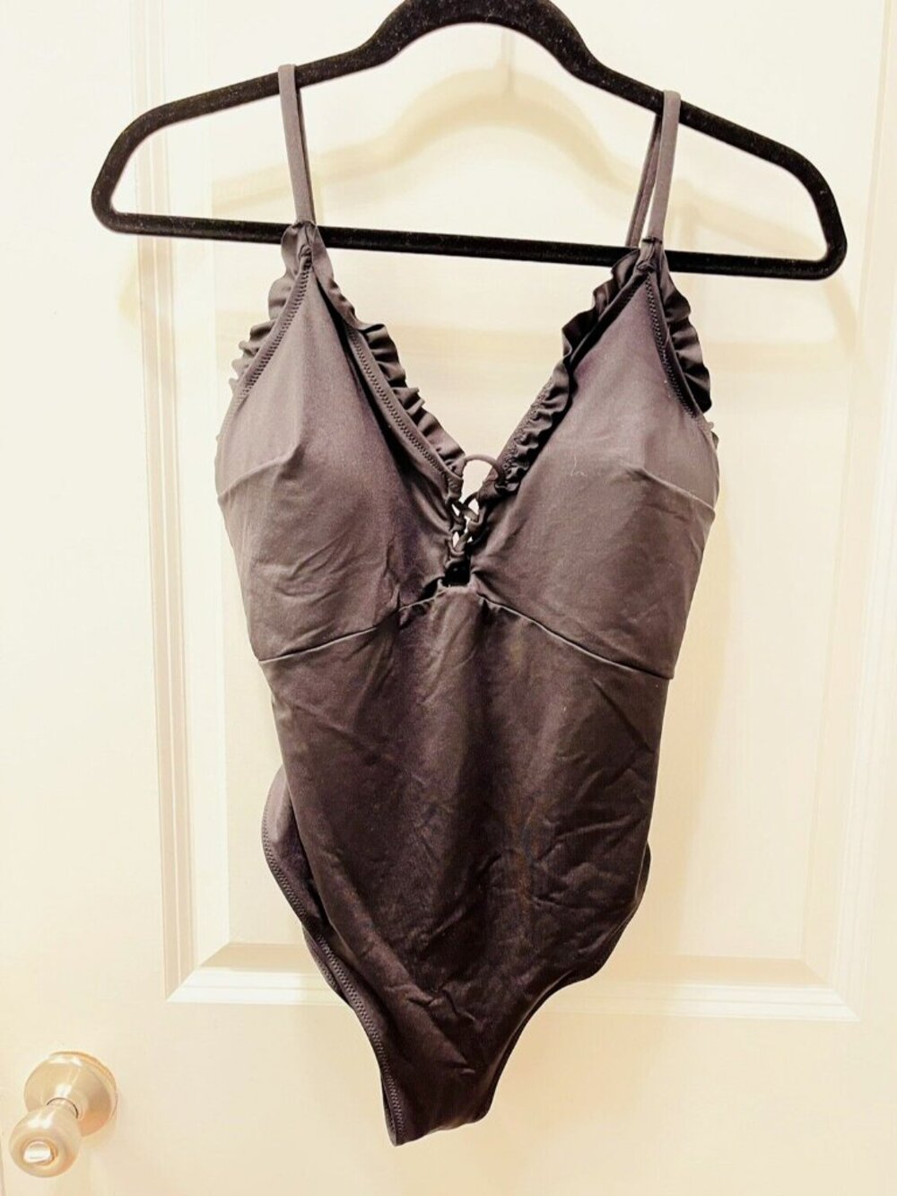 H & M Black French Cut Swimsuit / Bodysuit Womens Size M One Piece Ruffle V-Neck